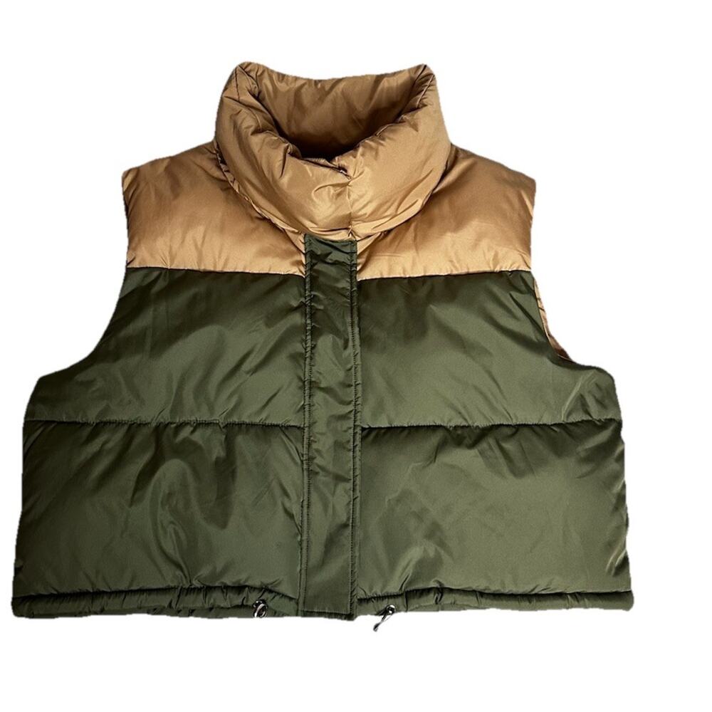 Zara Quilted Cropped Puffer Green Tan Color Block Funnel Neck Gorpcore Vest L